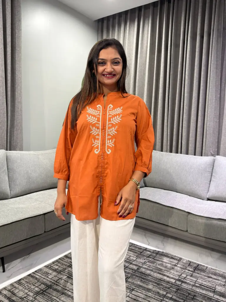 Rust Leaf Embroidered Pure Cotton Tunic