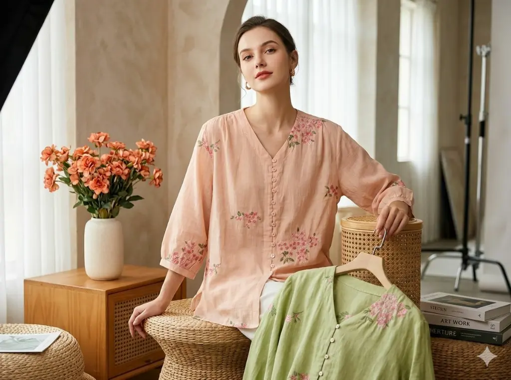 Pastel Peach & Sage Slub Cotton Tunic