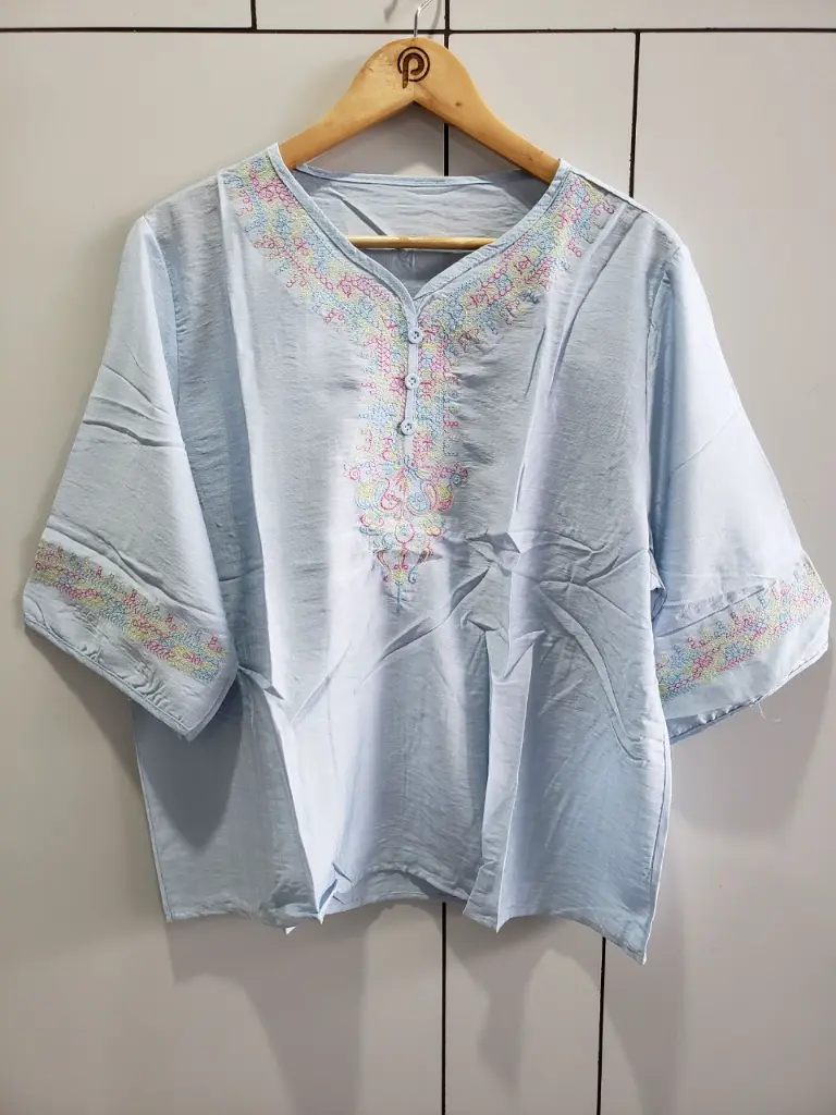 Pastel Sky Blue Embroidered Soft Linen Top