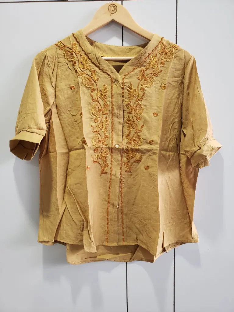 Ochre Gold Floral Embroidered Soft Linen Top