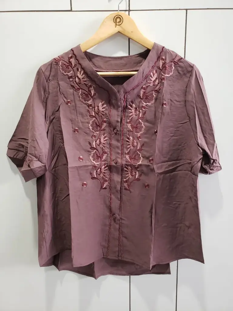 Mauve Taupe Floral Embroidered Soft Linen Top