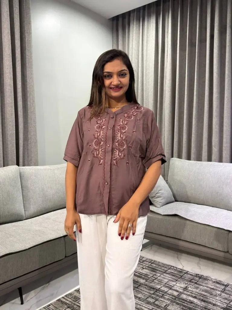 Mauve Taupe Floral Embroidered Soft Linen Top