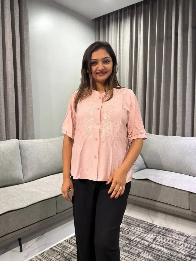Blush Pink Floral Embroidered Soft Linen Top