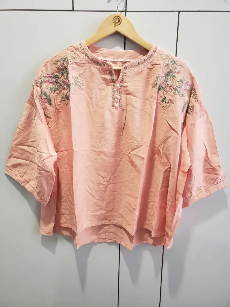 Peach Blossom Embroidered Soft Linen Top
