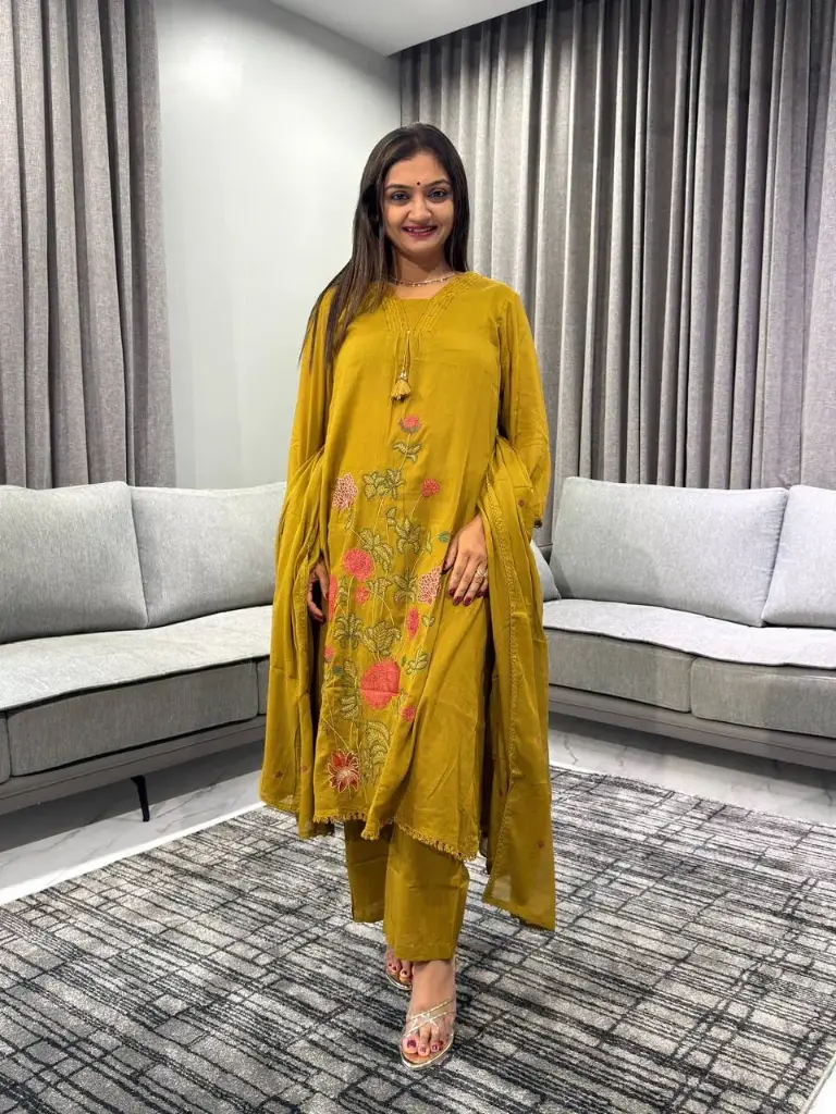 Mustard Yellow Embroidered Mull Cotton Kurta Set