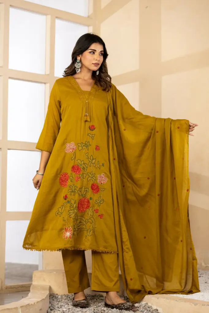 Mustard Yellow Embroidered Mull Cotton Kurta Set