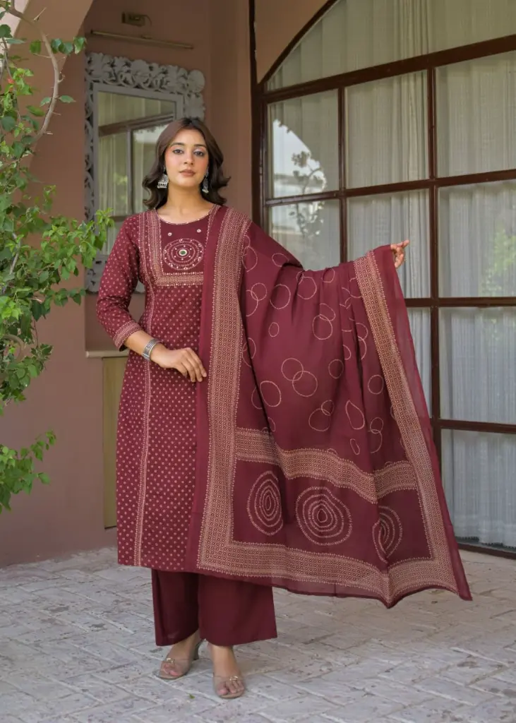 Signature Burgundy Gold Bandhani Kurta Set
