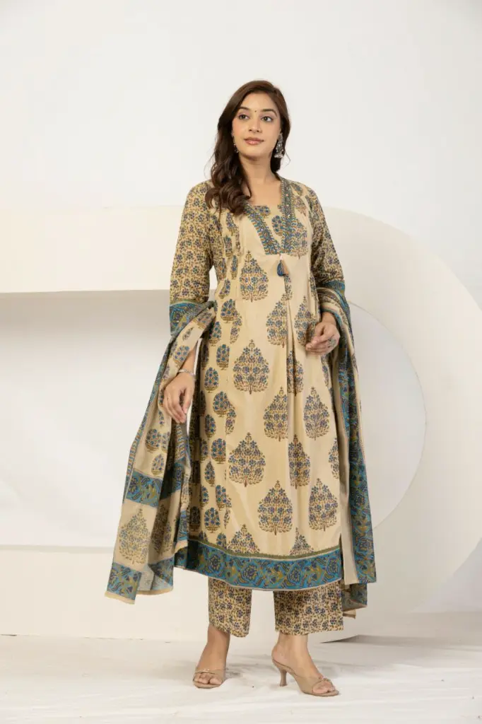 Beige Floral Block Print Cotton Kurta Set
