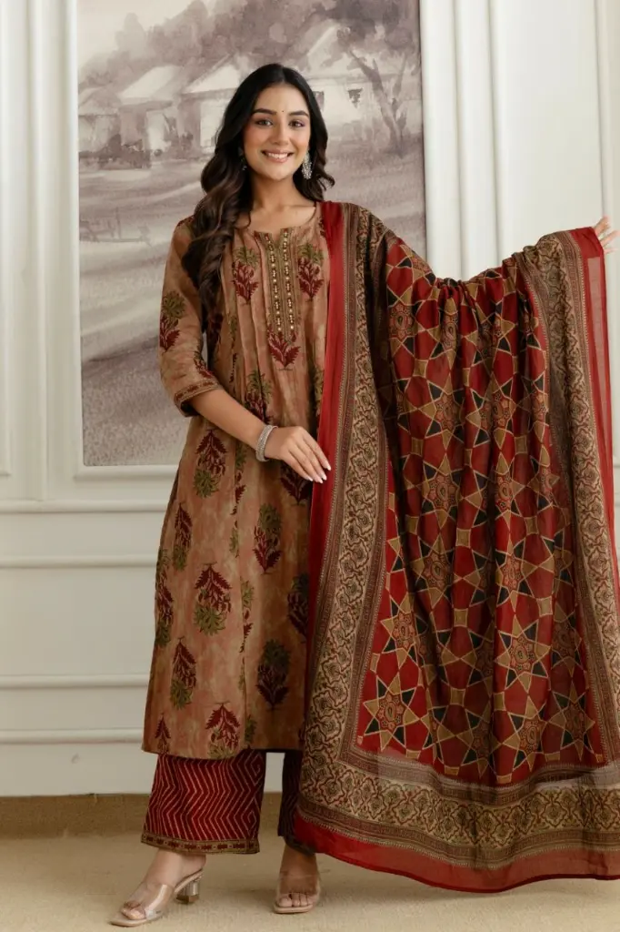 Rust Red Floral Ajrakh Printed Cotton Kurta Set