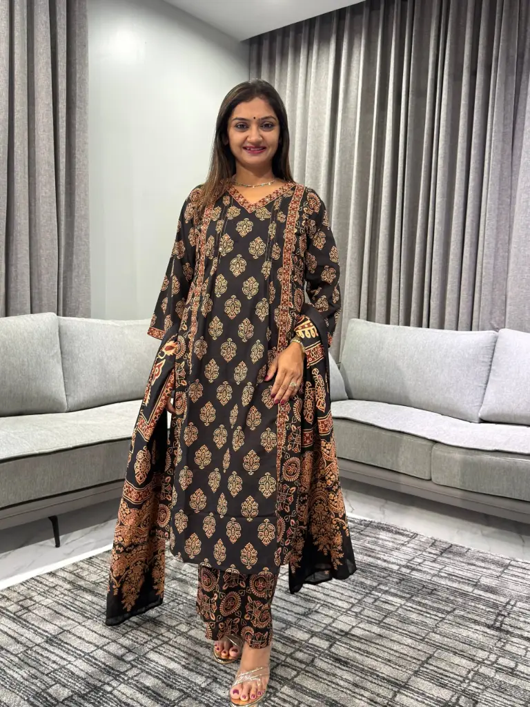 Black Ajrakh Hand Block Printed Cotton Kurta Set