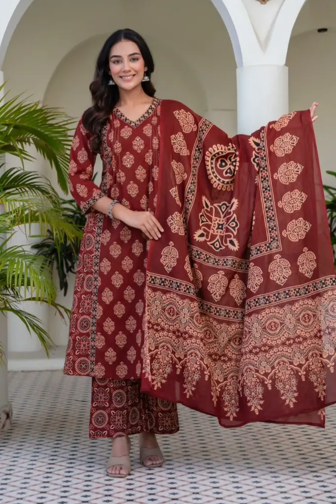 Maroon Ajrakh Hand Block Printed Cotton Kurta Set