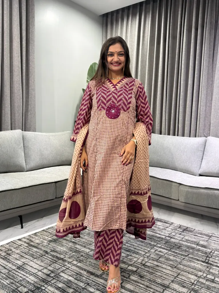 Purple Geometric Chevron Printed Cotton Kurta Set