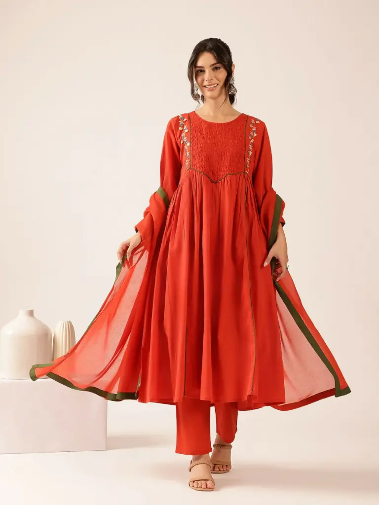 Rust Red Embroidered Anarkali Cotton Kurta Set