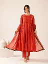 Rust Red Embroidered Anarkali Cotton Kurta Set