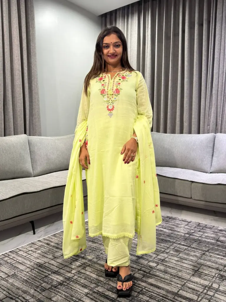 Pastel Green Embroidered Mull Cotton Kurta Set