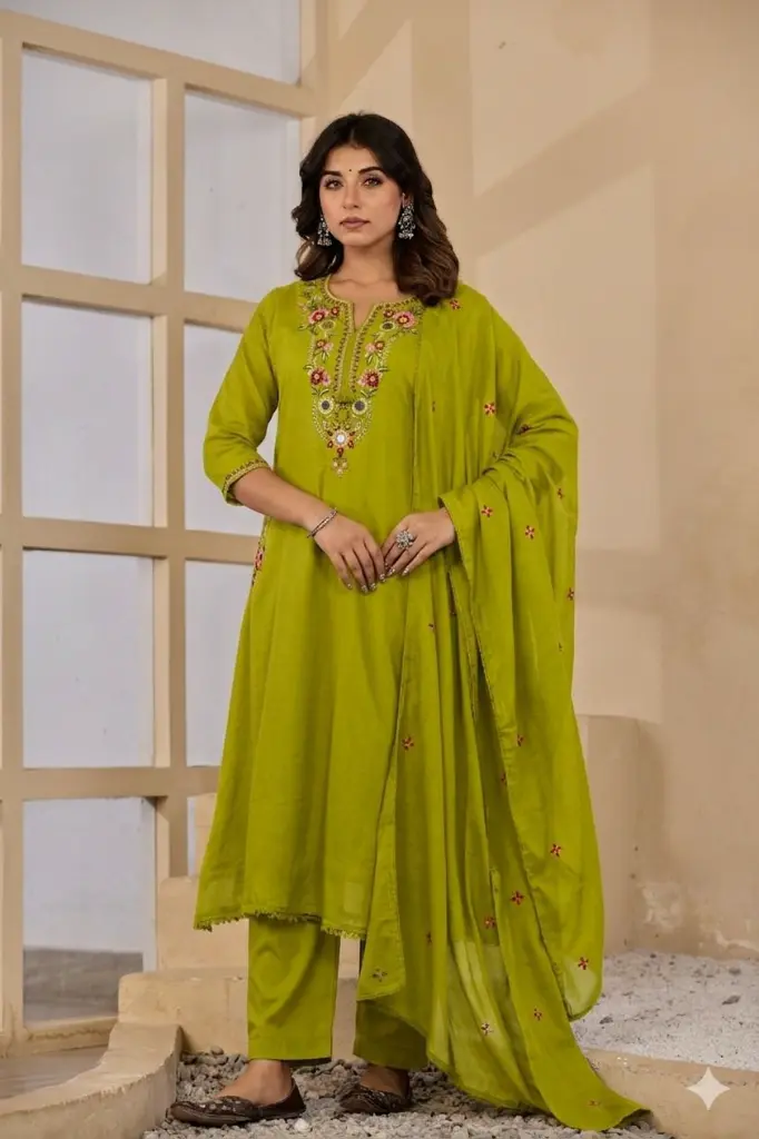 Olive Green Embroidered Mull Cotton Kurta Set