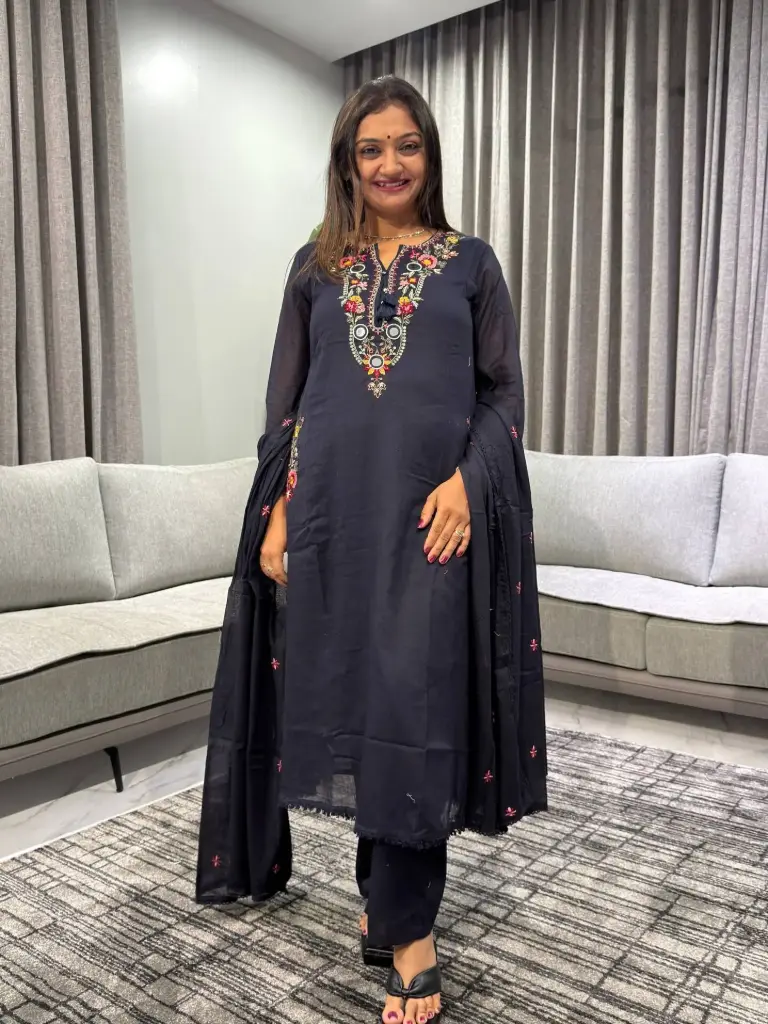 Midnight Black Embroidered Mull Cotton Kurta Set