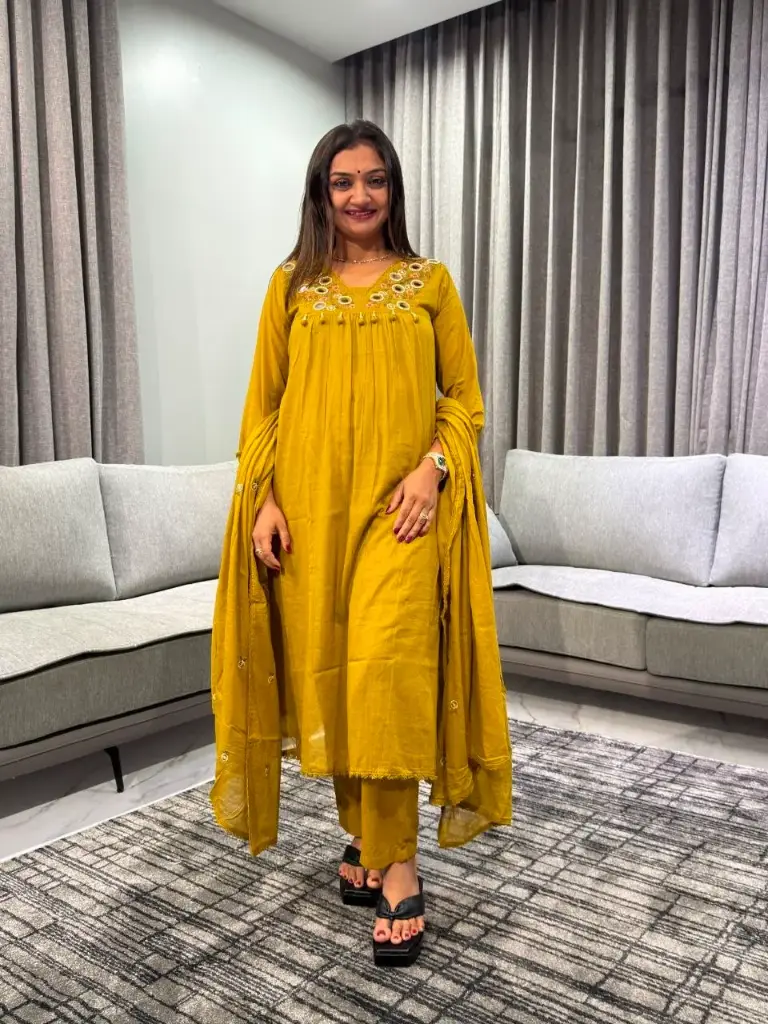 Mustard Mirror Yoke Mull Cotton Kurta Set
