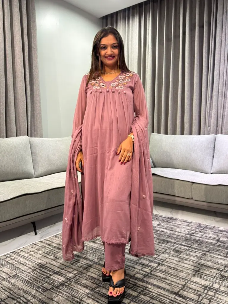 Rose Mist Mirror Embroidered Mull Cotton Kurta Set