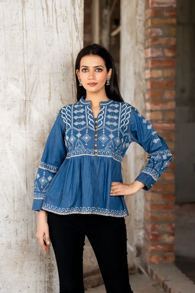 Indigo Heritage Embroidered Denim Top