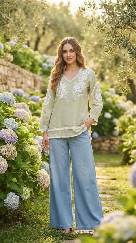 Sage Green Embroidered Pure Mull Mull Cotton Top