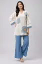 Off-White & Slate Blue Floral Embroidered Cotton Co-ord Set