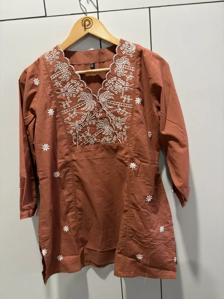 Rust Brown Palm Embroidered Cotton Tunic