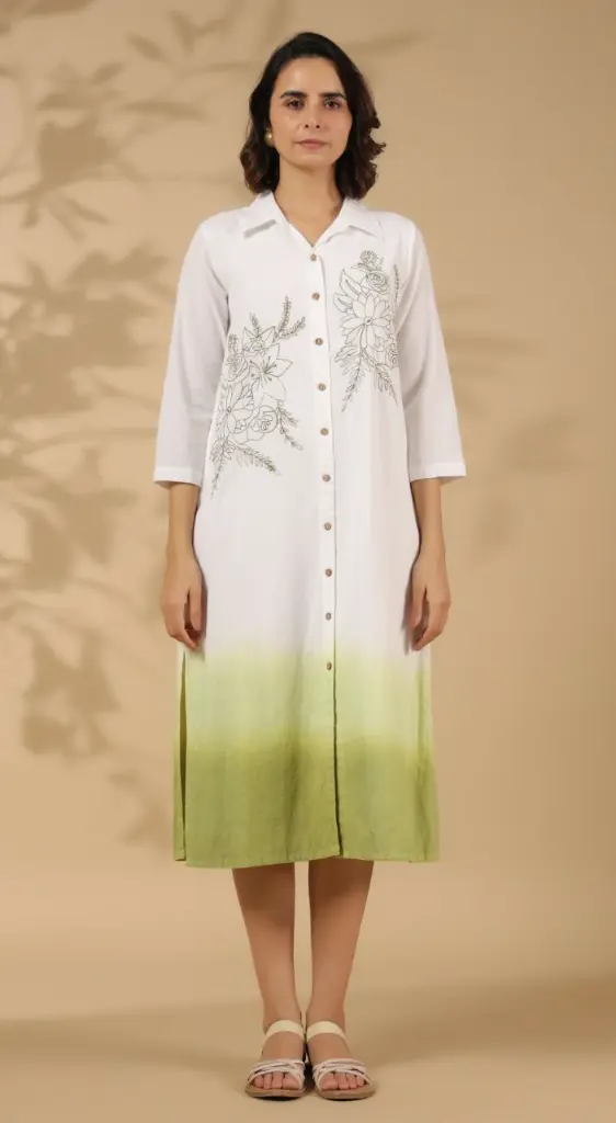 White & Sage Green Ombré Floral Shirt Dress
