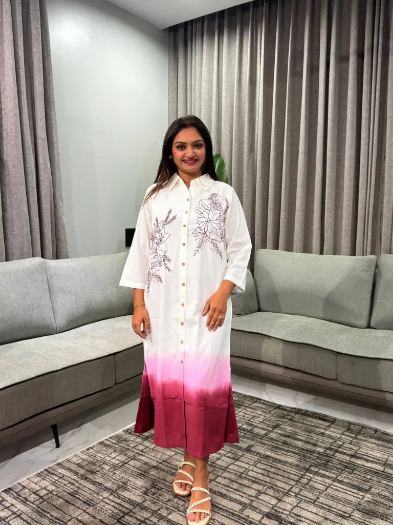 White & Magenta Pink Ombré Floral Shirt Dress