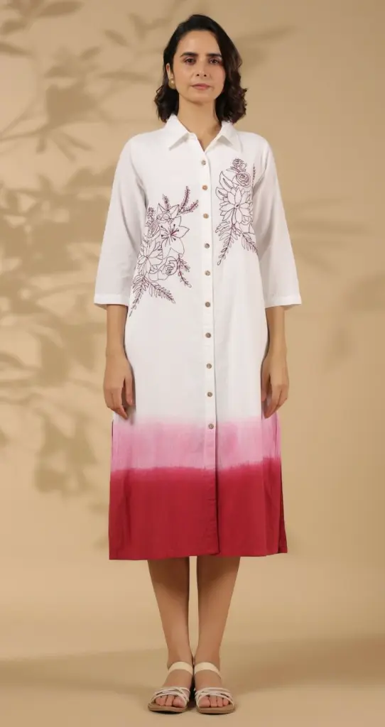 White & Magenta Pink Ombré Floral Shirt Dress