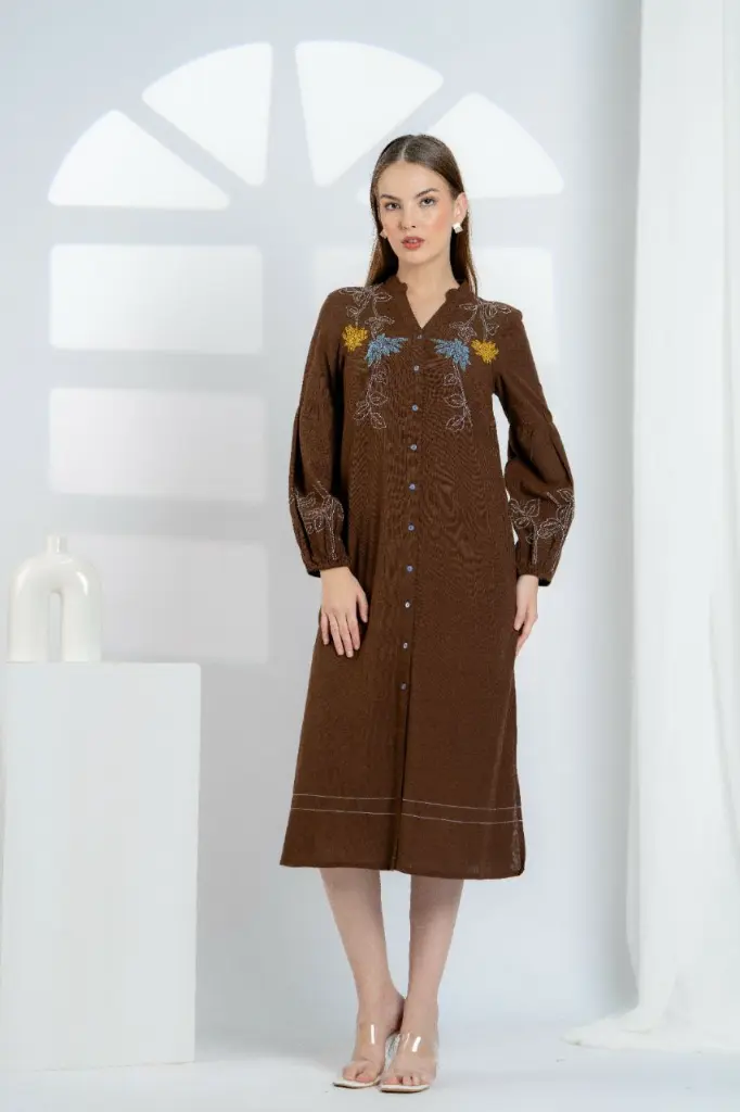 Chocolate Brown Floral Embroidered Long Cotton Dress