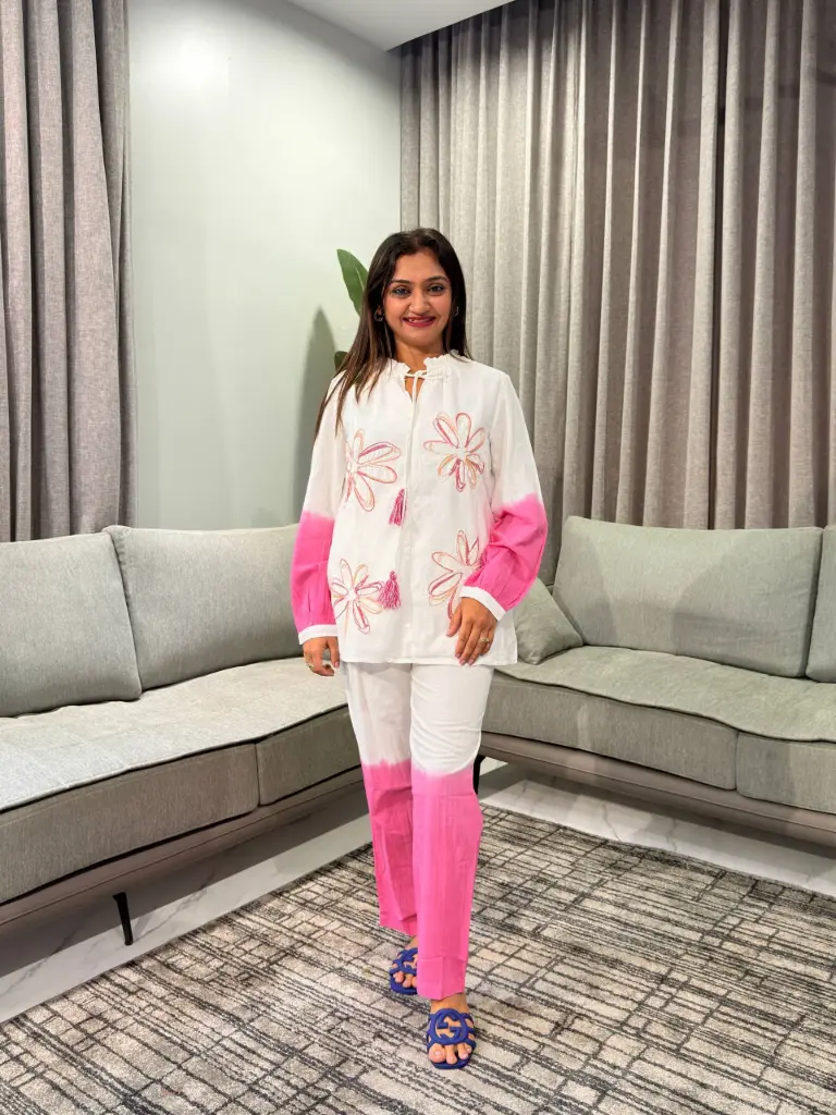 Pink Dip-Dye Floral Embroidered Cotton Co-Ord Set