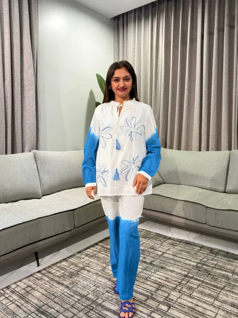 Teal Blue Dip-Dye Floral Embroidered Cotton Co-Ord Set