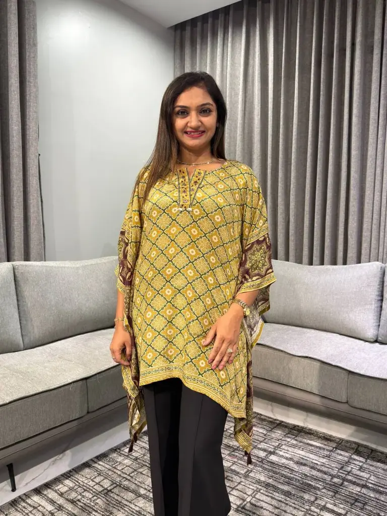 Mustard Yellow Geometric Natural Crepe Kaftan Top