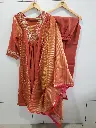 Rust Orange Crush Tissue Embroidered Kurta Set with Dupatta