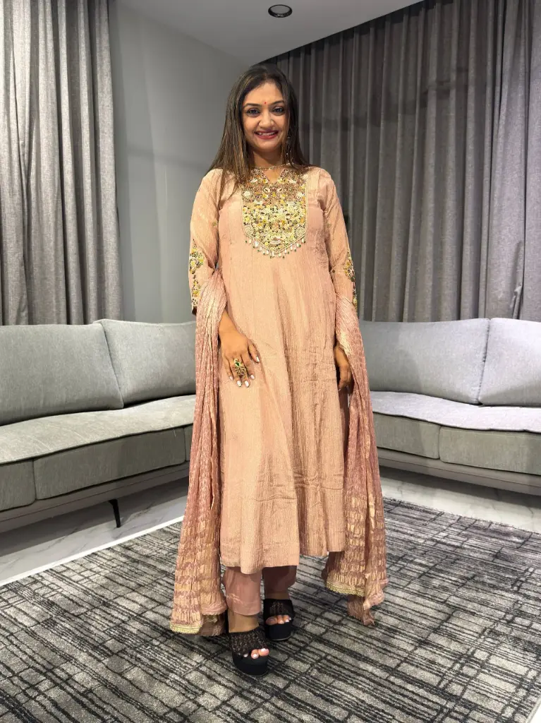 Blush Pink Crush Glass Tissue Hand Worked Kurta Set