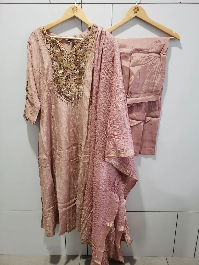 Blush Pink Crush Glass Tissue Hand Worked Kurta Set