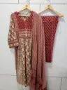 Maroon & Beige Ajrakh Printed Cotton Kurta Set with Dupatta
