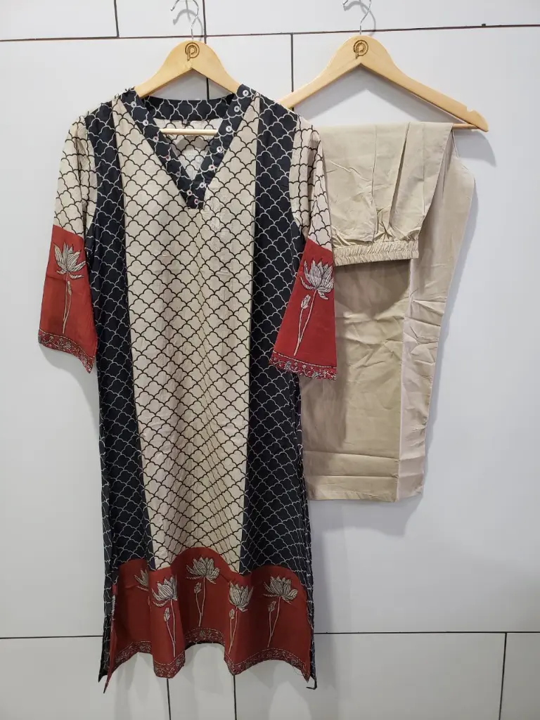 Black & Beige Mull Chanderi Lotus Print Kurta Set