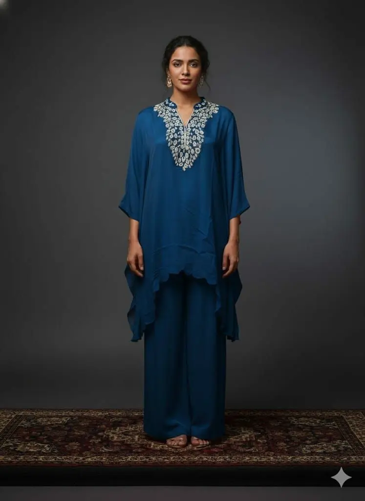 Royal Blue Pure HO Silk Embroidered Co-Ord Set