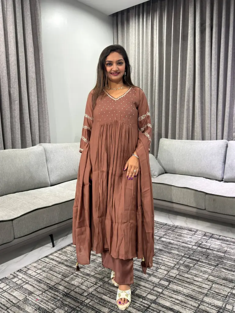 Coffee Brown Pure Mull Chanderi 3-Piece Kurta Set