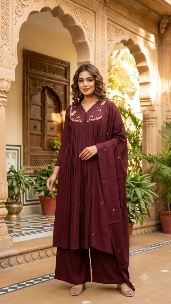 Wine Blossom Premium Soft Chinon Kurta Set