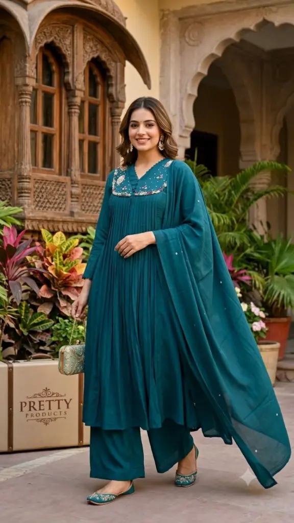 Emerald Grace Premium Chinon Pleated Kurta Set
