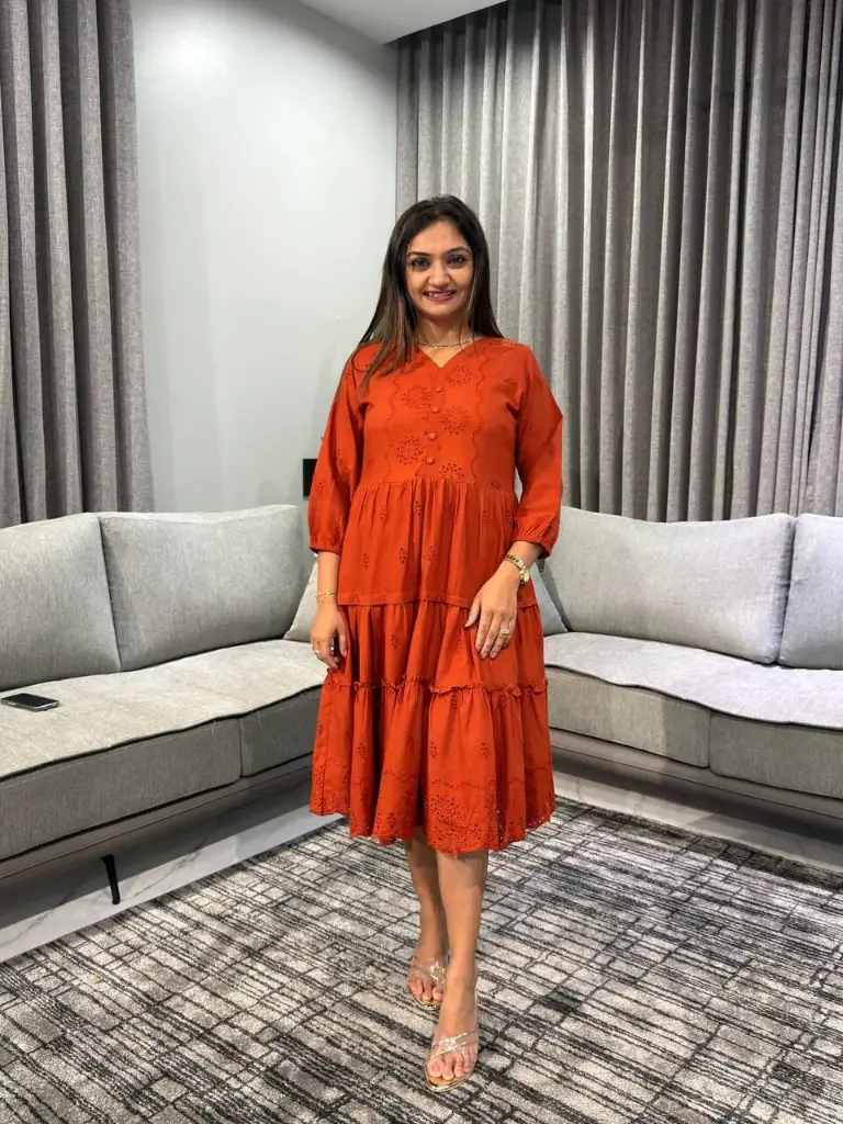 Rust Blossom Premium Cotton Tiered Dress