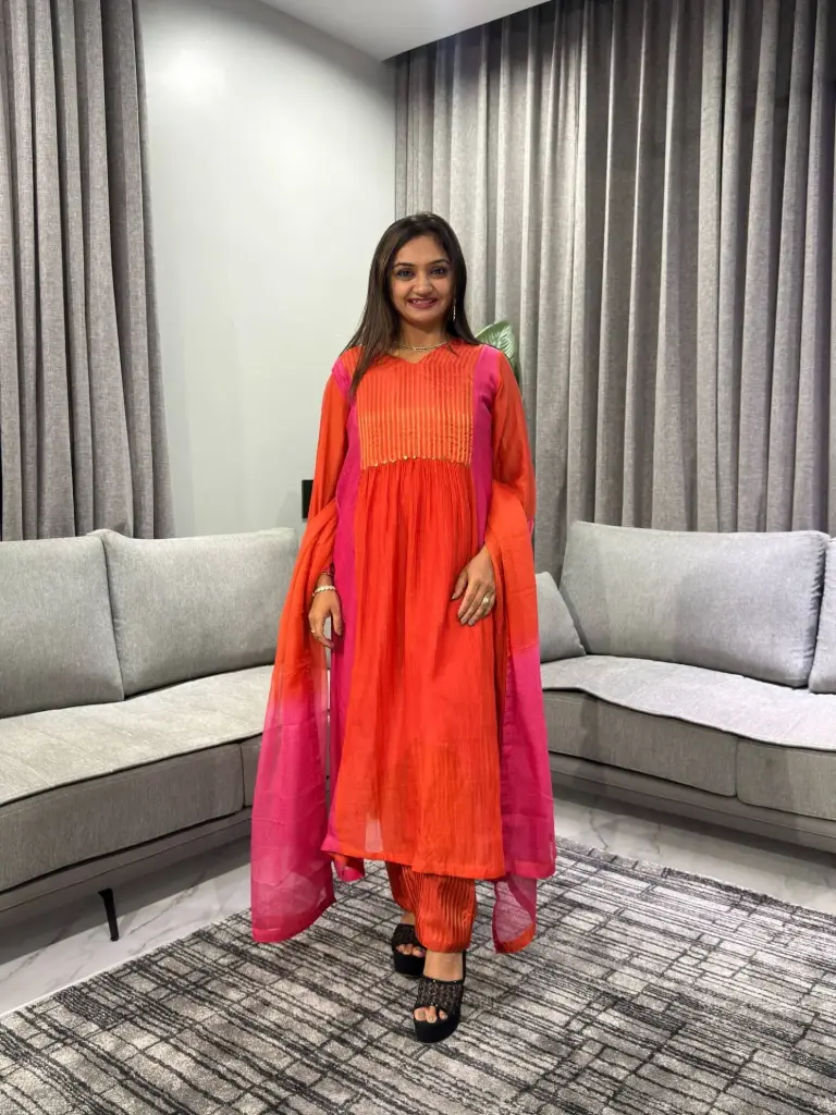 Pink Ombré Floral Embroidered Cotton Kurta Set