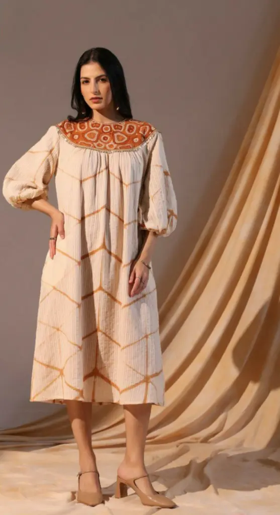 Premium Knitted Cotton Geometric Yoke Dress – Ivory Glow