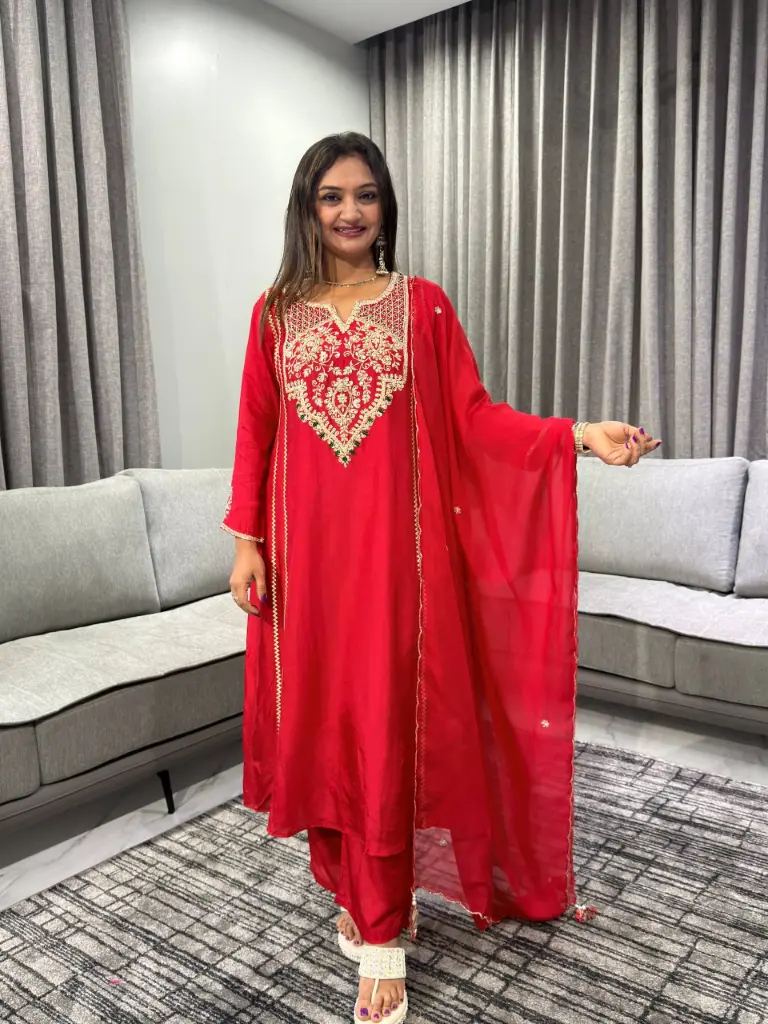 Ruby Red Goldwork Festive Kurta Set