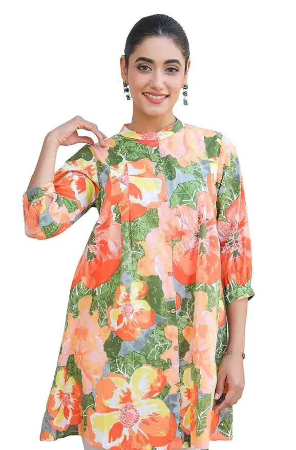 Orange & Green Mal Cotton Floral A-line Tunic