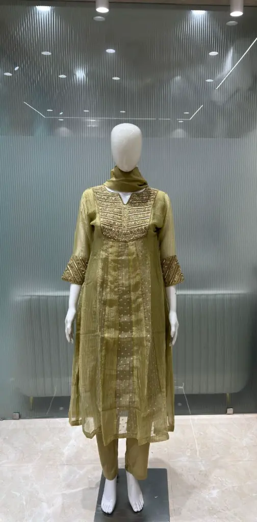 Olive Gold Festive Tissue Kurta Set