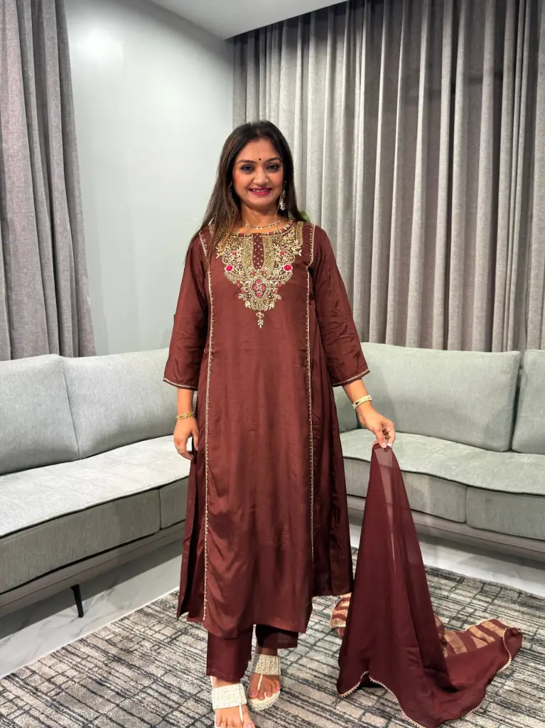 Chocolate Brown Golden Embroidered Festive Tissue 3-Piece Kurta Set